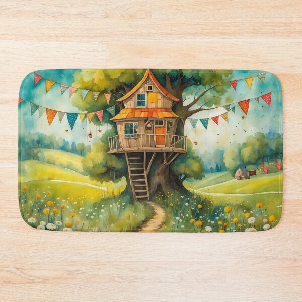 Item preview, The Hideout Cute Fantasy Wooden Tree House in the Meadow With Spring Flowers and Dandelions Garden - Whimsical Illustration designed and sold by MyArt23.