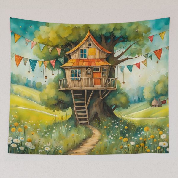 Item preview, The Hideout Cute Fantasy Wooden Tree House in the Meadow With Spring Flowers and Dandelions Garden - Whimsical Illustration designed and sold by MyArt23.