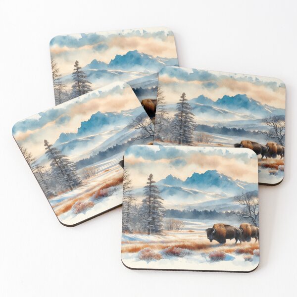 Item preview, Winter Bison Roam Under Mountainous Sunset Skies designed and sold by ArtComixHaven.