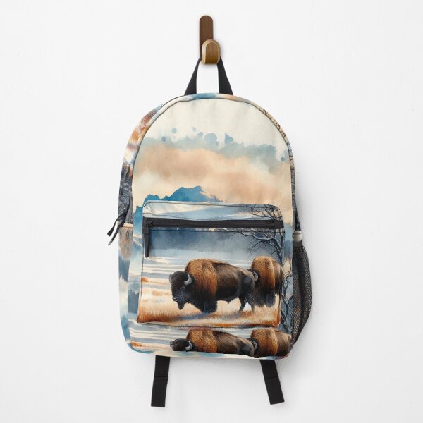 Item preview, Winter Bison Roam Under Mountainous Sunset Skies designed and sold by ArtComixHaven.