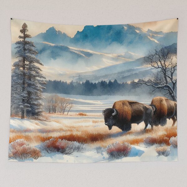 Item preview, Winter Bison Roam Under Mountainous Sunset Skies designed and sold by ArtComixHaven.