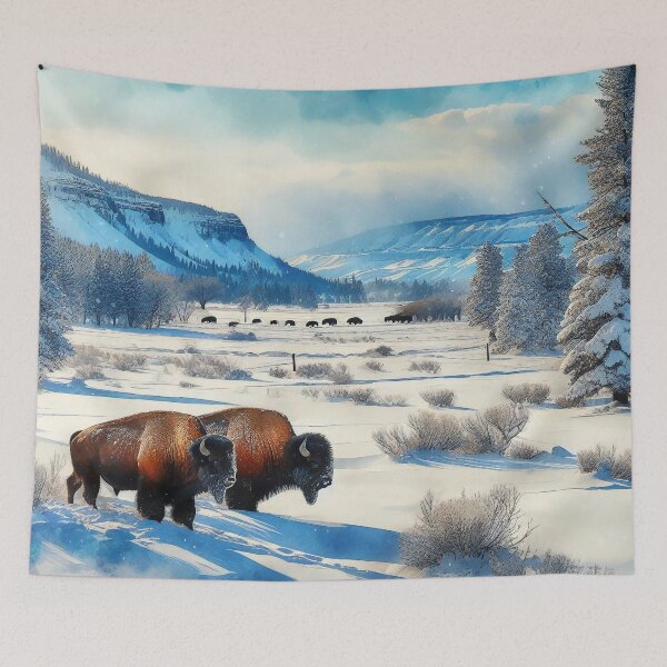 Item preview, Snowy Bison Traverse Frosty Valleys Under Winter Skies designed and sold by ArtComixHaven.