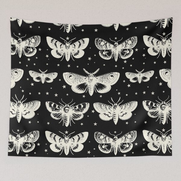 Item preview, Moths cottagecore Dancing in the Starry Night Sky: A Monochrome, Moth art, Sfingide Acherontia atropos, with stars, witch, Halloween, magic, witchcraft, Wicca designed and sold by Collagedream.