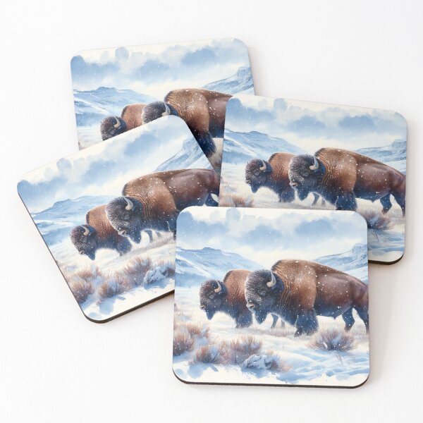 Item preview, Bison Duo Facing the Cold in Snowy Mountain Landscape designed and sold by ArtComixHaven.