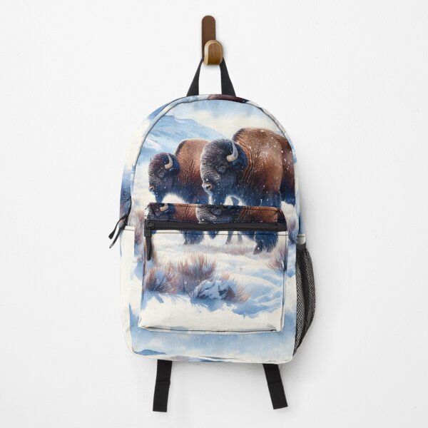 Item preview, Bison Duo Facing the Cold in Snowy Mountain Landscape designed and sold by ArtComixHaven.