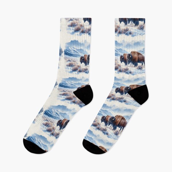 Item preview, Bison Duo Facing the Cold in Snowy Mountain Landscape designed and sold by ArtComixHaven.