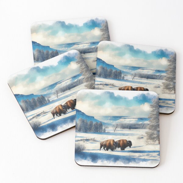 Item preview, Bison Traverse Frozen River in Snowy Winter Valley designed and sold by ArtComixHaven.