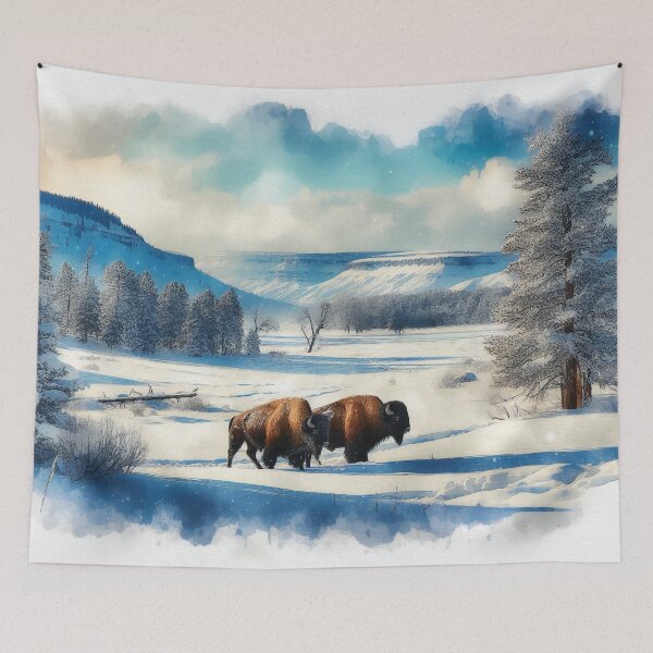 Item preview, Bison Traverse Frozen River in Snowy Winter Valley designed and sold by ArtComixHaven.