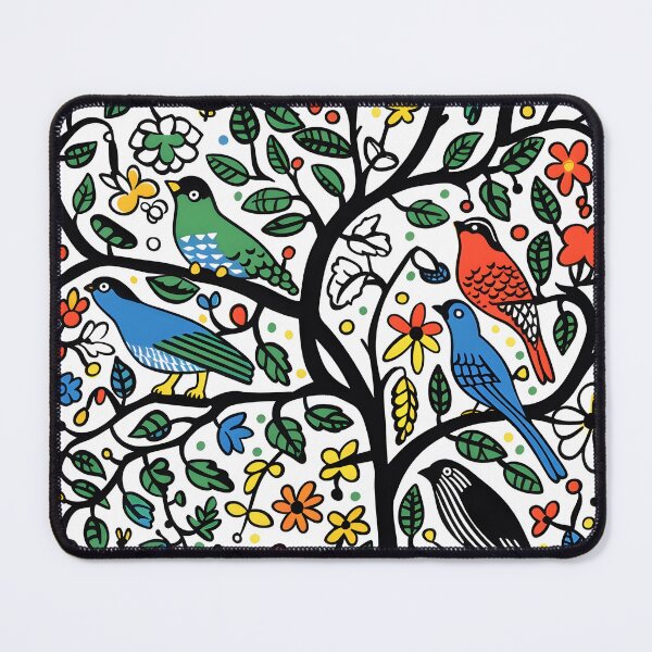 Aperçu de l'œuvre Oiseaux colorés et arbre avec des fleurs – style folk moderne créée et vendue par Folksy Living.