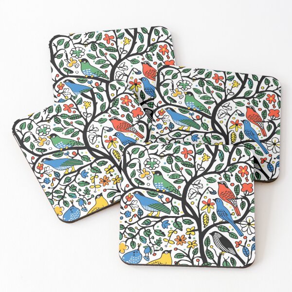 Item preview, Colourful birds  and tree with flowers – modern folk style designed and sold by Folksy Living.