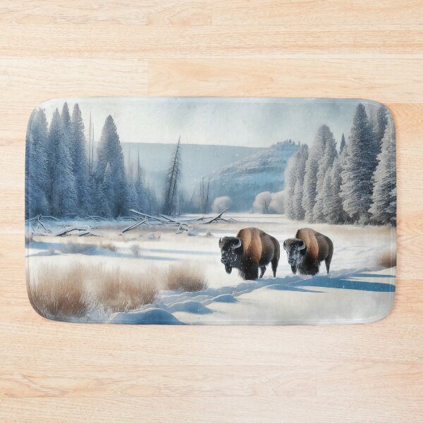Item preview, Winter Wanderers Bison Amidst Frosty Forest Clearing designed and sold by ArtComixHaven.