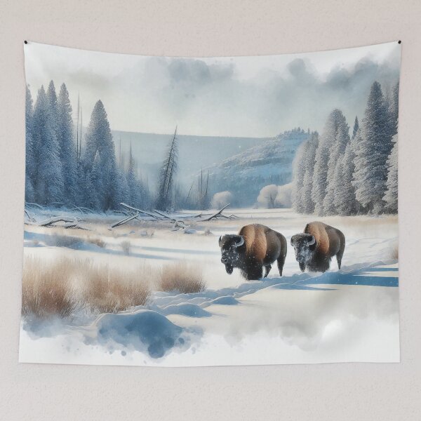 Item preview, Winter Wanderers Bison Amidst Frosty Forest Clearing designed and sold by ArtComixHaven.