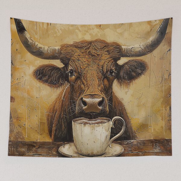 Item preview, Longhorn Cow Drinking Coffee designed and sold by Elisabeth Lucas.