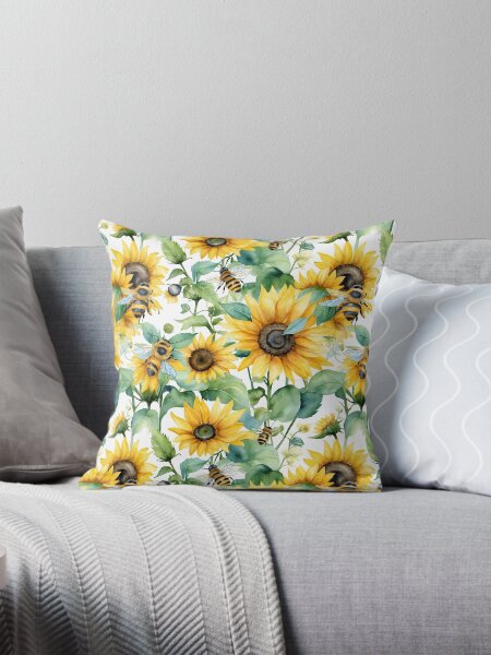 Sunflowers and Bee - Watercolor Floral pattern Throw Pillow