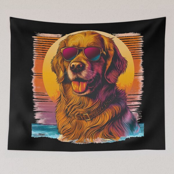 Item preview, Retro vintage golden retriever dog breed head artwork with sunset sea designed and sold by PictureUp.