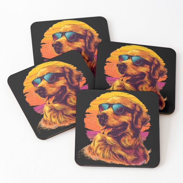 Item preview, Retro vintage golden retriever dog breed head artwork with sunset sea, wearing sunglasses designed and sold by PictureUp.