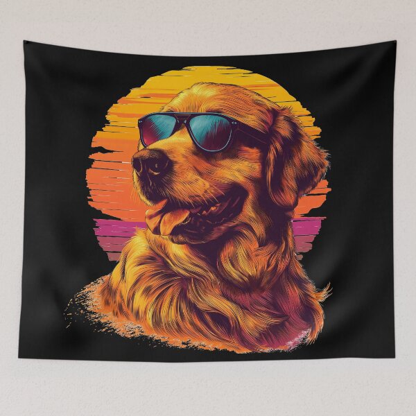 Item preview, Retro vintage golden retriever dog breed head artwork with sunset sea, wearing sunglasses designed and sold by PictureUp.