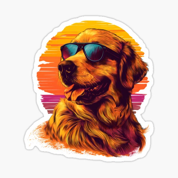 Item preview, Retro Vintage Golden Retriever Hunderasse Kopf Kunstwerk mit Sonnenuntergang Meer, trägt Sonnenbrille designed and sold by PictureUp.