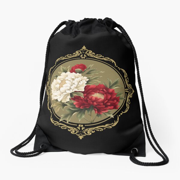 Aperçu de l'œuvre Pivoine rouge et blanche dans un cadre rond créée et vendue par KojourinArt.