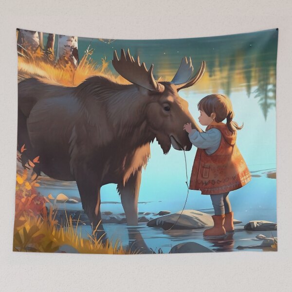 Item preview, Little girl and moose in autumn Canada designed and sold by Astralia.