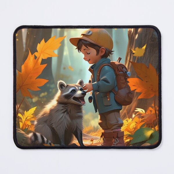Item preview, Little boy and raccoon in autumn Canada designed and sold by Astralia.