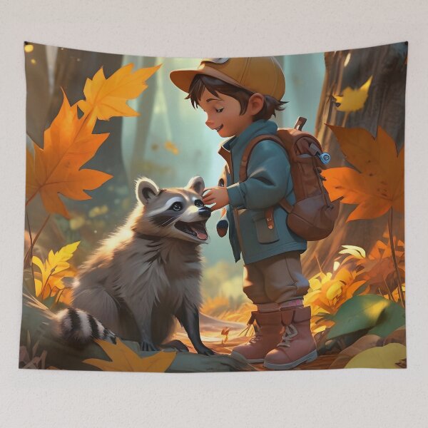 Item preview, Little boy and raccoon in autumn Canada designed and sold by Astralia.