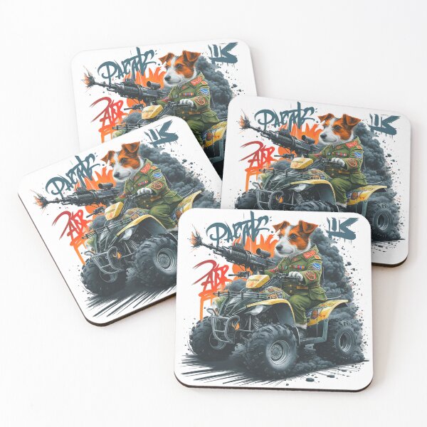 Item preview, A striking and imaginative illustration of a Jack Russell Terrier dressed in a Ukrainian military uniform, riding an ATV armed with an intimida designed and sold by Printforluck.