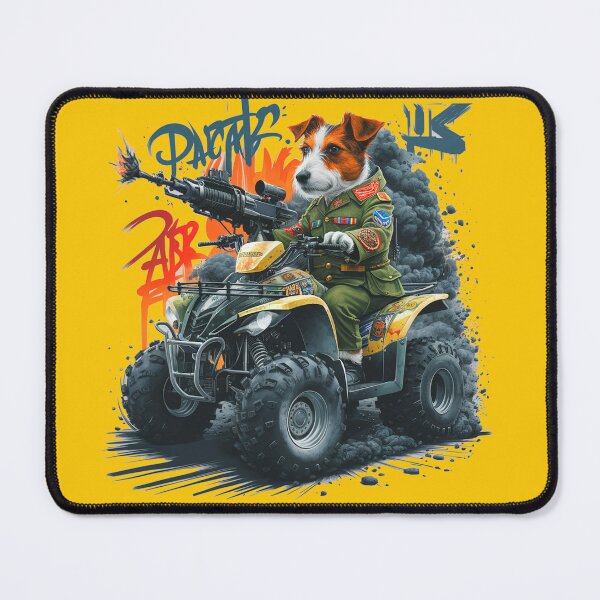 Item preview, A striking and imaginative illustration of a Jack Russell Terrier dressed in a Ukrainian military uniform, riding an ATV armed with an intimida designed and sold by Printforluck.