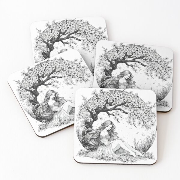 Item preview, Stylish Black and White Print - Girl Under Flowering Tree designed and sold by lloreleya.