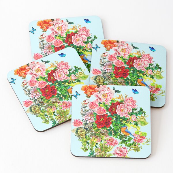 Item preview, Flowers, beautiful exotic butterflies a bird in an explosion of love, blue background designed and sold by SueKnox.