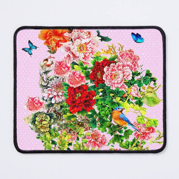 Item preview, SK Exquisite flowers, Butterflies, and a Bird on a poker dot pink background designed and sold by SueKnox.