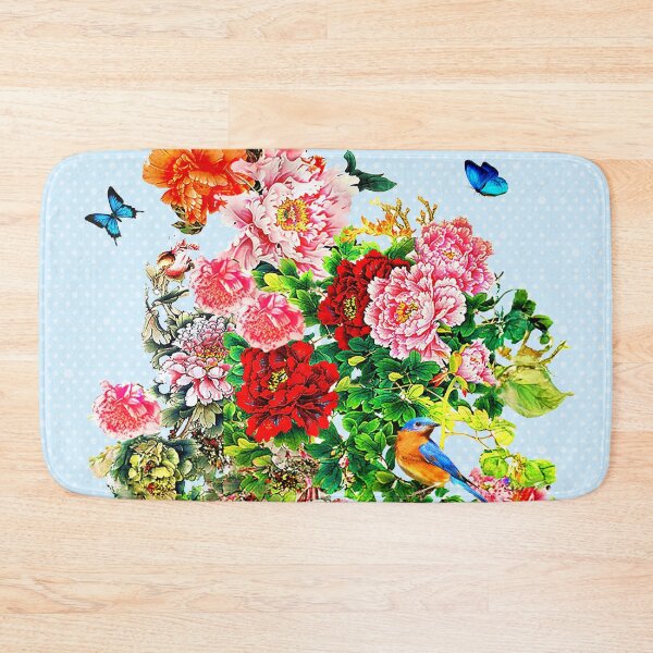 Item preview, SK Exquisite flowers, Butterflies, and a Bird on a poker dot blue background  designed and sold by SueKnox.