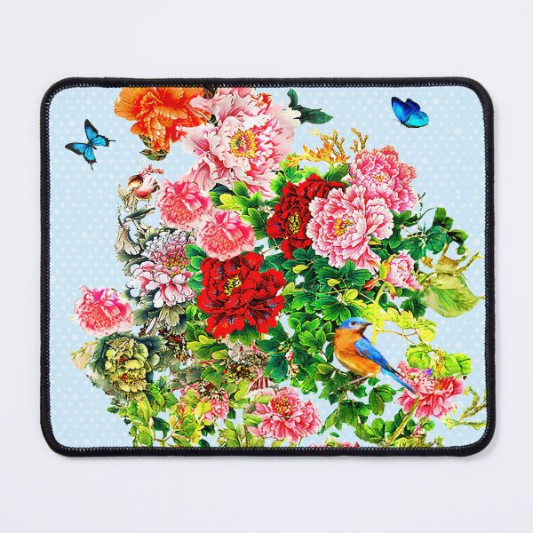 Item preview, SK Exquisite flowers, Butterflies, and a Bird on a poker dot blue background  designed and sold by SueKnox.