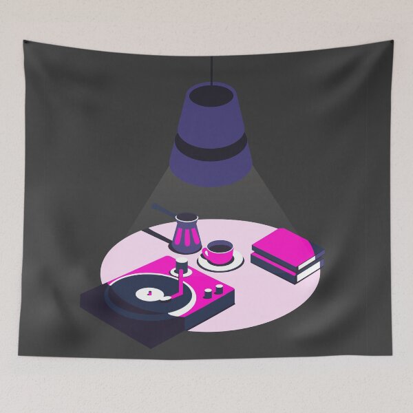 Item preview,  Night vector still life of coffee, books and vynil recorder under the lamplight designed and sold by Familyshmot.