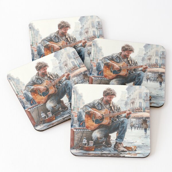 Item preview, Urban Serenade: Musician Playing Guitar in Vibrant Cityscape designed and sold by Mr-whiteBG.