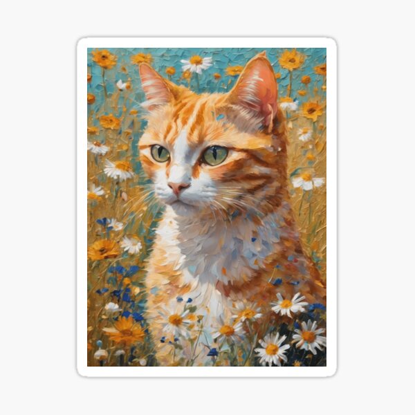 Aperçu de l'œuvre Klimt Style Ginger Tuxedo Orange Tabby Chat dans des fleurs de jardin colorées Prairie Feuille d'or Peinture créée et vendue par Arwen-Art.