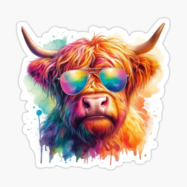 Artikel-Vorschau von Schottische Hochlandkuh in Sonnenbrille buntes Aquarell, designt und verkauft von MaedK.