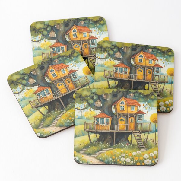 Item preview, The Hideout Cute Fantasy Wooden Tree House in the Meadow With Spring Flowers and Dandelions Garden - Whimsical Illustration designed and sold by MyArt23.