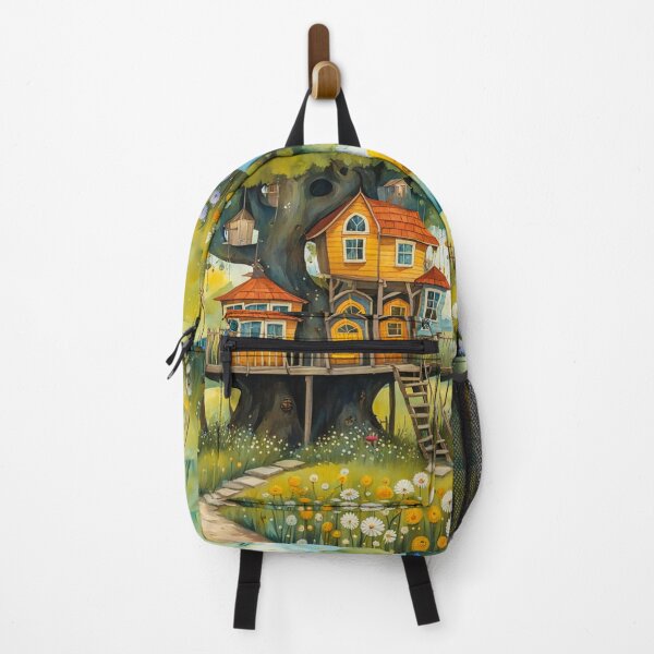 Item preview, The Hideout Cute Fantasy Wooden Tree House in the Meadow With Spring Flowers and Dandelions Garden - Whimsical Illustration designed and sold by MyArt23.