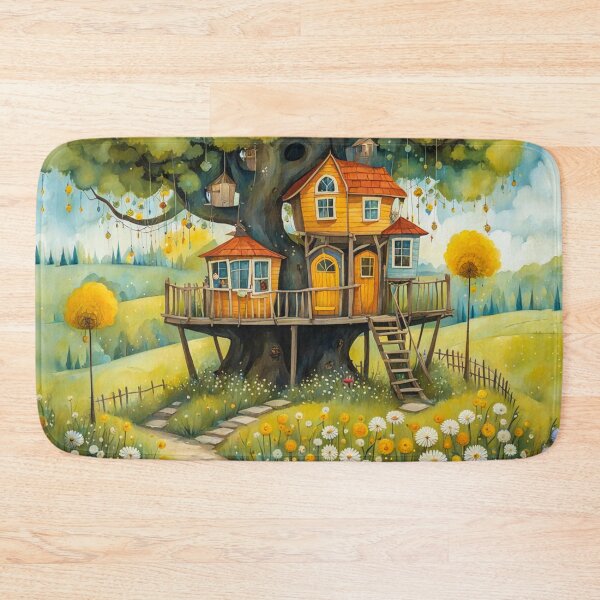 Item preview, The Hideout Cute Fantasy Wooden Tree House in the Meadow With Spring Flowers and Dandelions Garden - Whimsical Illustration designed and sold by MyArt23.