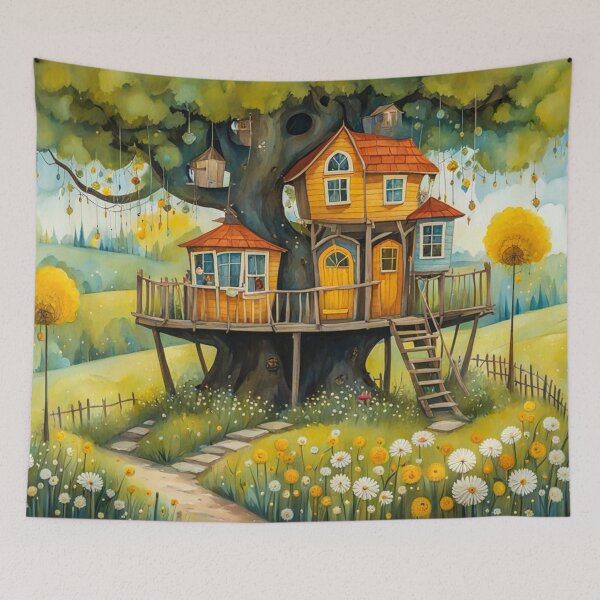 Item preview, The Hideout Cute Fantasy Wooden Tree House in the Meadow With Spring Flowers and Dandelions Garden - Whimsical Illustration designed and sold by MyArt23.