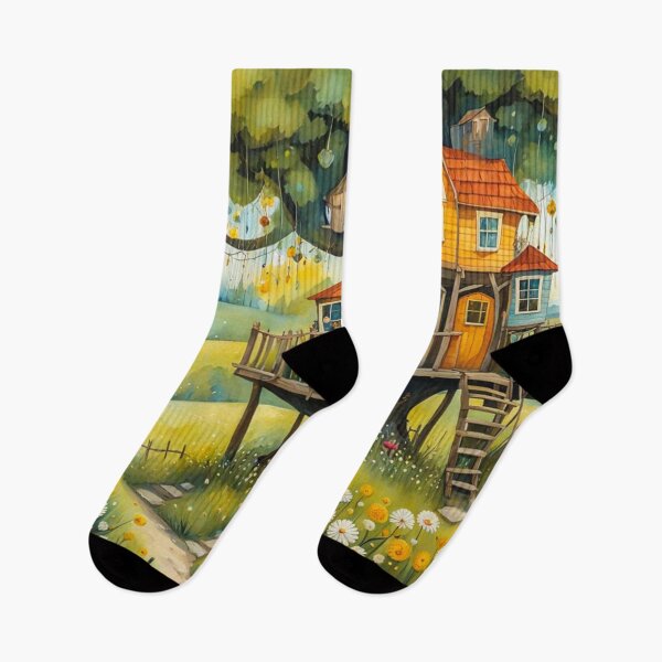 Item preview, The Hideout Cute Fantasy Wooden Tree House in the Meadow With Spring Flowers and Dandelions Garden - Whimsical Illustration designed and sold by MyArt23.