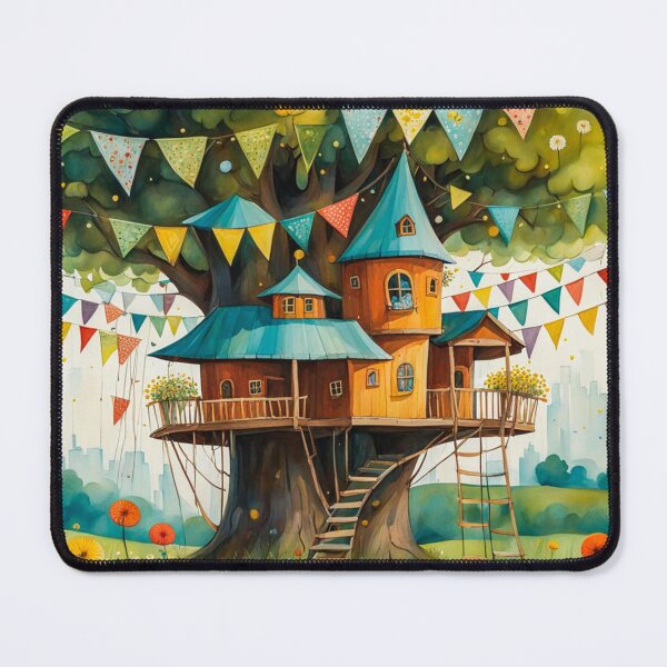 Item preview, The Hideout Cute Fantasy Wooden Tree House in the Meadow With Spring Flowers and Dandelions Garden - Whimsical Illustration designed and sold by MyArt23.