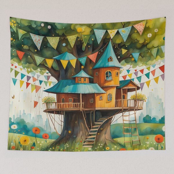 Item preview, The Hideout Cute Fantasy Wooden Tree House in the Meadow With Spring Flowers and Dandelions Garden - Whimsical Illustration designed and sold by MyArt23.