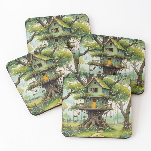 Item preview, The Hideout Cute Fantasy Wooden Tree House in the Meadow With Spring Flowers and Dandelions Garden - Whimsical Illustration designed and sold by MyArt23.