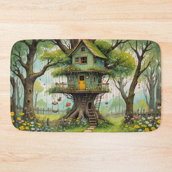 Item preview, The Hideout Cute Fantasy Wooden Tree House in the Meadow With Spring Flowers and Dandelions Garden - Whimsical Illustration designed and sold by MyArt23.