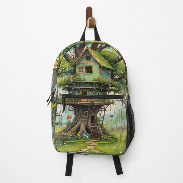 Item preview, The Hideout Cute Fantasy Wooden Tree House in the Meadow With Spring Flowers and Dandelions Garden - Whimsical Illustration designed and sold by MyArt23.