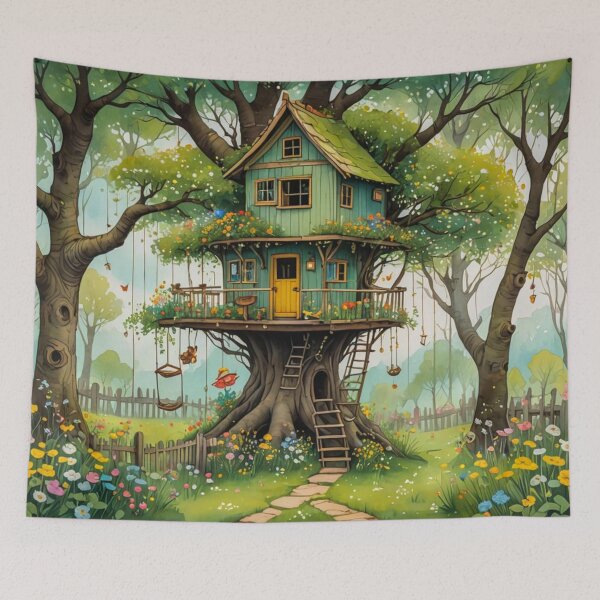 Item preview, The Hideout Cute Fantasy Wooden Tree House in the Meadow With Spring Flowers and Dandelions Garden - Whimsical Illustration designed and sold by MyArt23.