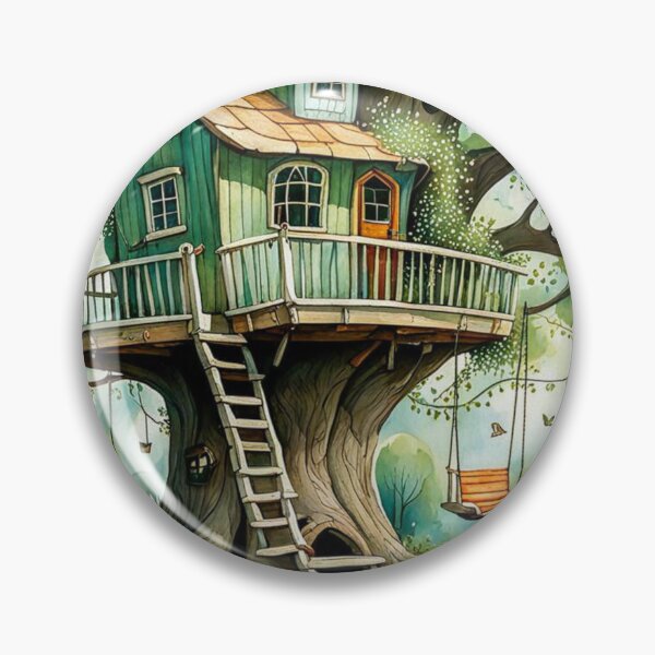 Item preview, The Hideout Cute Fantasy Wooden Tree House in the Meadow With Spring Flowers and Dandelions Garden - Whimsical Illustration designed and sold by MyArt23.