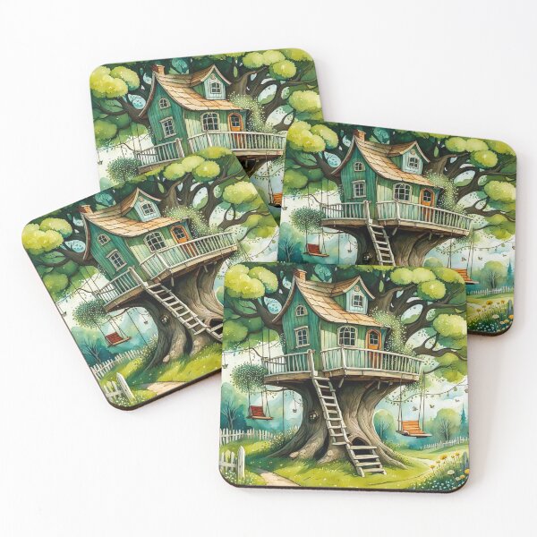 Item preview, The Hideout Cute Fantasy Wooden Tree House in the Meadow With Spring Flowers and Dandelions Garden - Whimsical Illustration designed and sold by MyArt23.